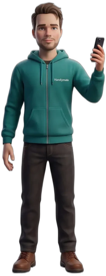 Matte, chefsagent, i teal hoodie med telefonen i handen.